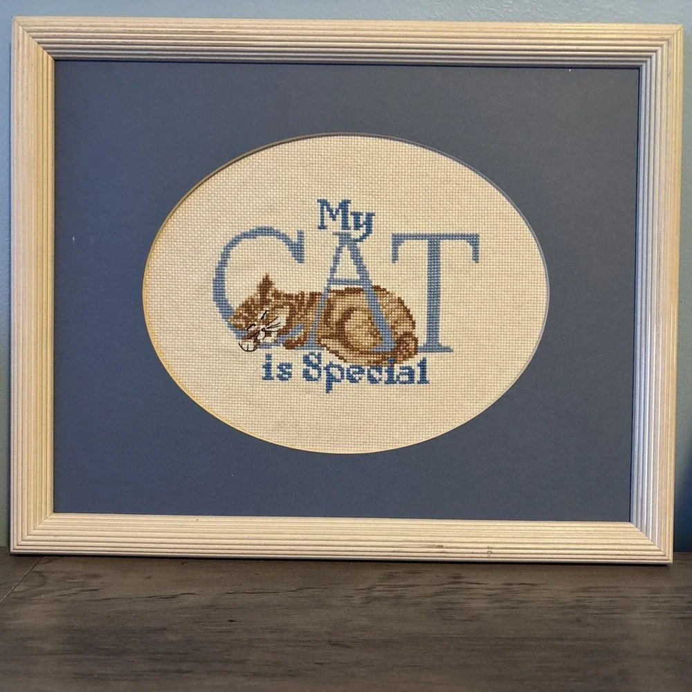 Vtg Hand Embroidered My Cat Is‎ Special Framed Wall Hanging White Elephant Gift